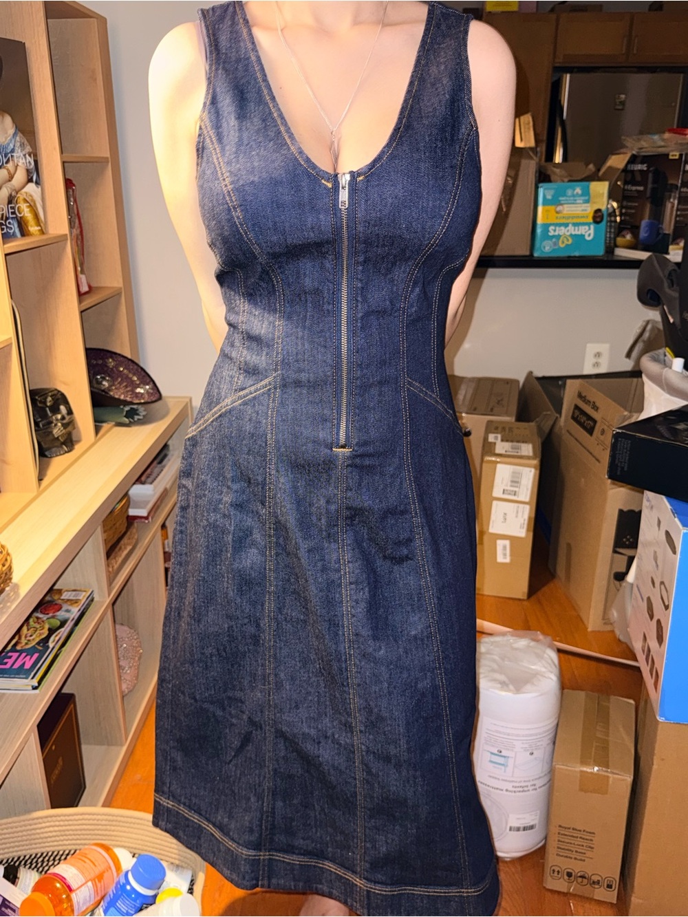 Anthropologie Pilcro Denim Zip-Front Midi Dress A-line Dark Indigo Jeans